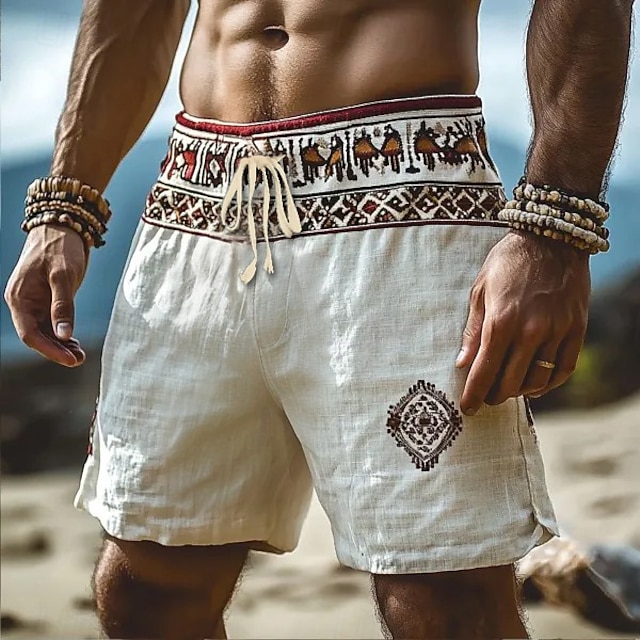  Per uomo Shorts Shorts di Lino Pantaloncini Estivi Shorts da Spiaggia Coulisse Elastico in vita Gamba Dritta Geometrico Semplice Comodità Traspirante Lunghezza al ginocchio All'aperto Quotidiano Ferie
