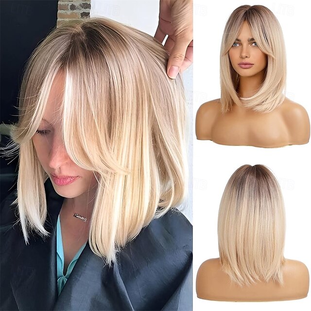  blonde pruiken voor vrouwen schouderlang gelaagd haar met donkere wortels synthetische korte pruik met pony voor dagelijks gebruik of cosplay