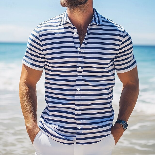 Men's Classic Breton Stripe Shirt Summer Shirt Button Up Shirt Short Sleeve Fashion Casual Outdoor Vacation Dailywear Summer Spring Turndown 3D Print Collared Shirts Blue4
