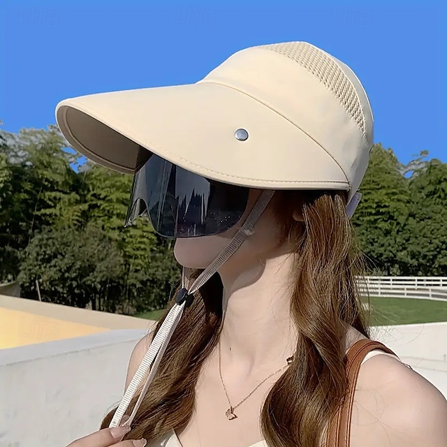  保護マスクと取り外し可能なゴーグル付きのレディース夏用つば広サンハット - UVカットの通気性ポリエステルでハイキング、キャンプ、アウトドアアドベンチャーに最適