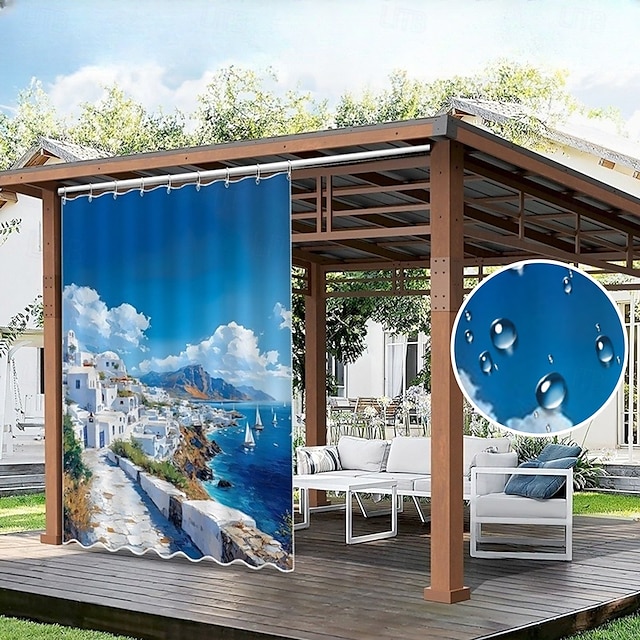  Vízálló Kültéri Függöny Magánélet Tolóteraszos Függöny Pergola Függönyök Fülekkel 3D Táj Szentorini A Kerti Pavilonhoz Erkélyhez Porchhoz Partira 1 Panel
