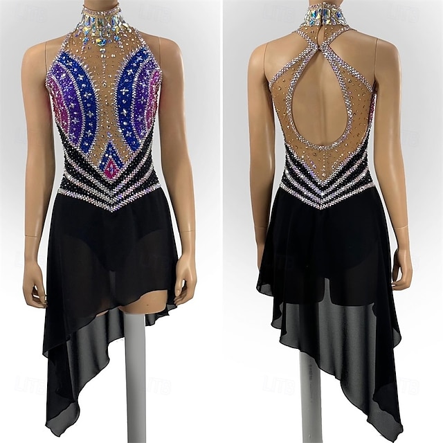  Eiskunstlaufkleid Damen Mädchen Eislaufen Kleid Schwarz blau Patchwork Offener Rücken Netzstoff Hohe Elastizität Training Wettbewerb Eiskunstlaufkleidung Klassisch Kristall / Strass Ärmellos