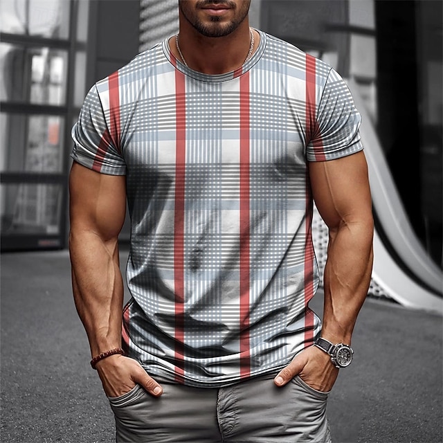  Men's T Shirt Henley Shirt Tee Short Sleeve Shirt Short Sleeve Crewneck Summer Plaid / Check Fashion Designer Basic Check Pattern Vacation Street Going out Sky Blue+Silver Yellow Red Top Tee for Men