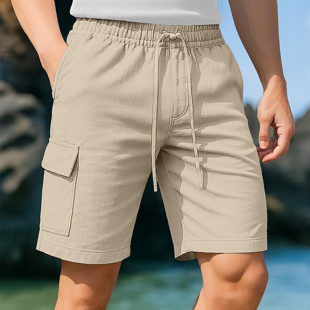  Men's Cargo Shorts Shorts Linen Shorts Summer Shorts Beach Shorts Drawstring Elastic Waist Multi Pocket Plain Knee Length Outdoor Casual Daily Vacation Hawaiian Black White Micro-elastic