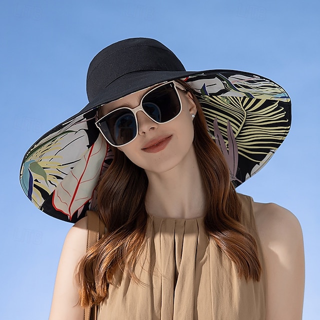  1 sombrero reversible de ala ancha para mujer, diseño floral tropical, color rosa. &Combinación de colores azul/verde, poliéster transpirable con cuerda a prueba de viento, ligero &Elegante para