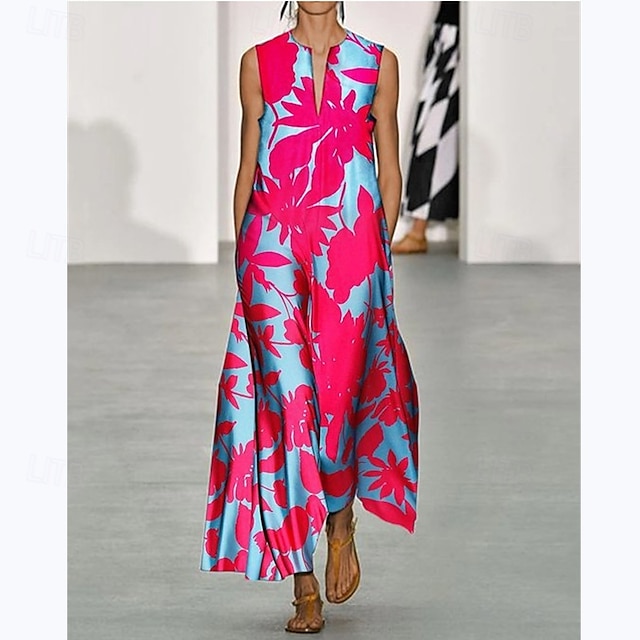  Per donna Abito maxi Abito a trapezio Abito Estivo Vacanza Casual Boho Quotidiano Ferie Vestibilità comoda Floreale Grafico Senza Maniche Scollo a V Rosa Blu Arancione Estate