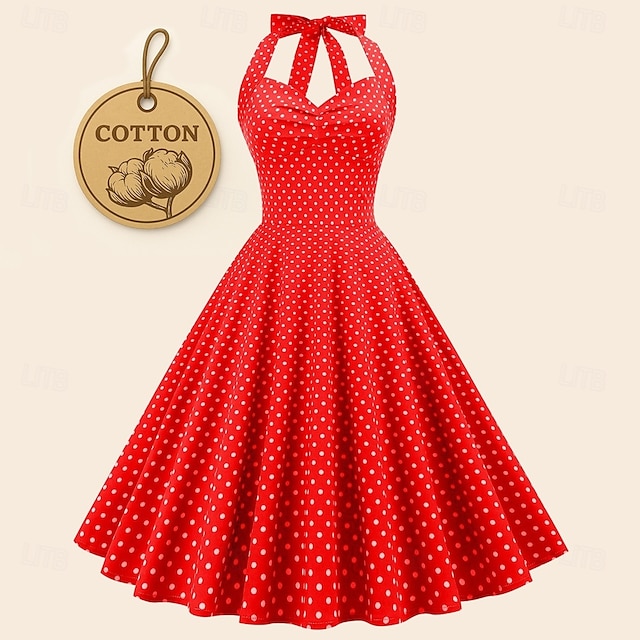  cross-border hot sale retro polka dot halter neck halter strap slim slim waist palace swing dress women europe and america