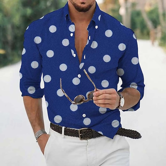  Men's Shirt Summer Shirt Casual Shirt Beach Shirt Button Up Shirt Blue Purple Long Sleeve Dot Lapel Vacation Hawaiian Clothing Apparel Polyester Fashion Casual Comfortable