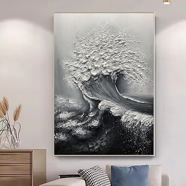  Peinture à l'huile faite à la main sur toile, décoration murale, couteau à palette 3D, paysage abstrait de vagues océaniques en noir et blanc pour la décoration intérieure, cadre tendu, peinture