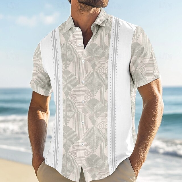 Men's Striped Tropical Plants Shirt Guayabera Shirt Summer Hawaiian Shirt Short Sleeve Hawaiian Vacation Dailywear Beach Wear Summer Spring Turndown Button Up 3D Print Collared Shirts Light Pink4