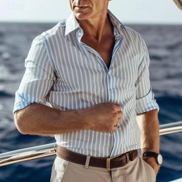 Men's Shirt Summer Shirt Casual Shirt Beach Shirt Button Up Shirt Light Blue Long Sleeve Stripes Lapel Vacation Hawaiian Button-Down Clothing Apparel Fashion Casual Comfortable2