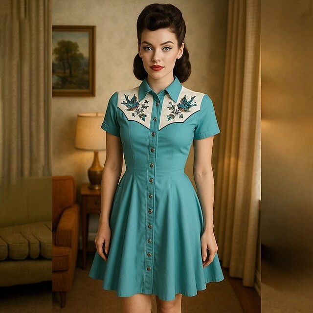 Retro Vintage 1950s Mini A Line Dress Shirt Dress Cowgirl Button Down 3D Print Fancy Dress Women's Masquerade Vacation Casual Tea Party Adults' Dress Summer4