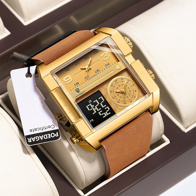  Herren Digitaluhr Quarzuhr Retro Vintage Großes Ziffernblatt Armbanduhr LED-Hintergrundbeleuchtung Chronograph Wasserdicht Echtes Leder Beobachten