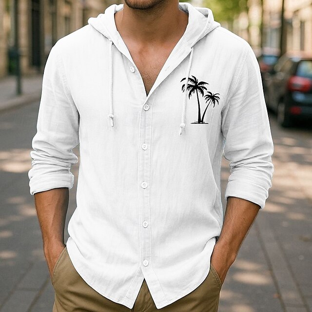  Herren Knopfhemd Kapuzenhemd Schwarz Weiß Aprikose Grau Leicht Blau Langarm Kokospalme Muster Mit Kapuze Urlaub Lässig Mit Kapuze Bekleidung Mode
