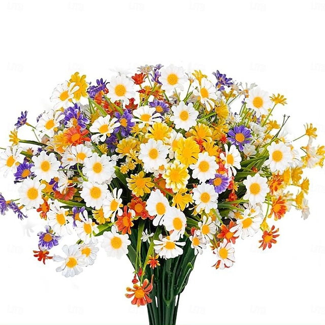 8 buntar konstgjorda tusensköna blommor för utomhus sommarinredning uv-resistent faux kyrkogård blommor plast grönska buske falska konstgjorda växter utanför hem trädgårdar veranda plantera inomhus