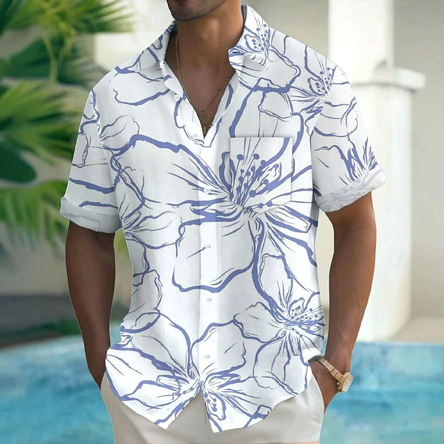 Men's Floral Print Flowers Shirt Casual Shirt Button Up Shirt Short Sleeve Fashion Casual Vacation Holiday Streetwear Summer Spring Turndown 3D Print Collared Shirts Front One Pocket White4