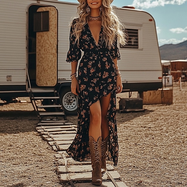  Dámské Midi šaty Vintage šaty Boho šaty Šaty s potiskem Westernové šaty Vinobraní Módní Venkovní Dovolená Rande Běžný Květiny Krátký rukáv Do V Černá Léto