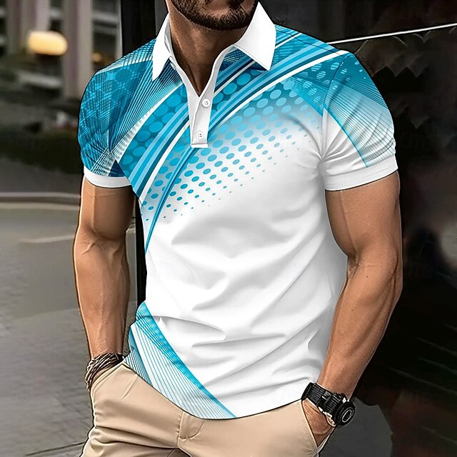 Men's Geometric Line Polo Short Sleeve Polo Shirts Collared Shirts Casual School Outdoor Daily Wear 3D Print Summer Light Blue-White4