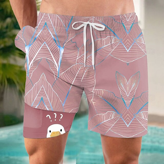  Per uomo Divertente Anatra Foglia di palma Pantaloncini foderati Pantaloncini da bagno 2 in 1 Pantaloncini da mare Misura del girovita medio Hawaiano Vacanza Ferie Abbigliamento mare Tasche Laterali