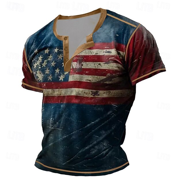 Men's Flag Henley Shirt Tee Short Sleeve Vintage Fashion Designer Outdoor Casual Daily Spring &  Fall All Seasons Navy Blue Henley Henley T-Shirt4