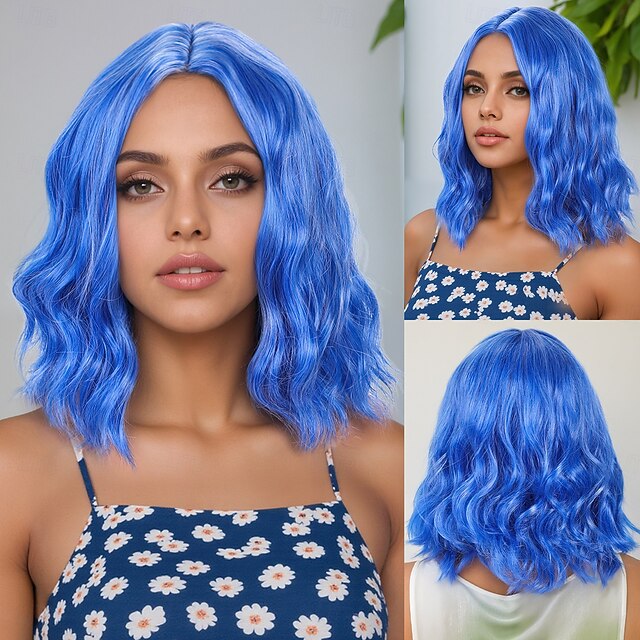  Synthetische pruiken Golvend Krullend weefsel Middelste stuk Asymmetrisch kapsel Machinegemaakt Pruik 35.6 cm A1 Synthetisch haar Dames Middenscheiding Klassiek Kleurgradatie Blauw