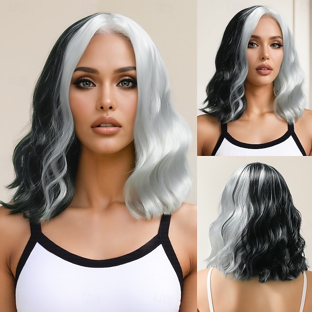  Synthetische Perücken Gewellt Curly Webart Asymmetrisch Gerader Pony Maschinell hergestellt Perücke 14 Zoll A1 Synthetische Haare Damen Mittelscheitel Klassisch Bequem Schwarz Weiß