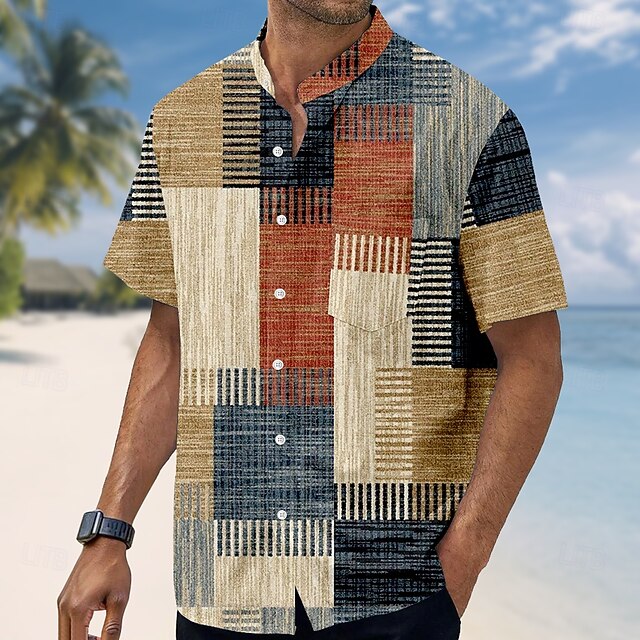 Men's Geometric Color Block Patchwork Shirt Stand Collar Shirt Short Sleeve Casual Vacation Dailywear Summer Mandarin Collar Band Collar Grandad Collar Button Up Front One Pocket Linen Like Shirt4