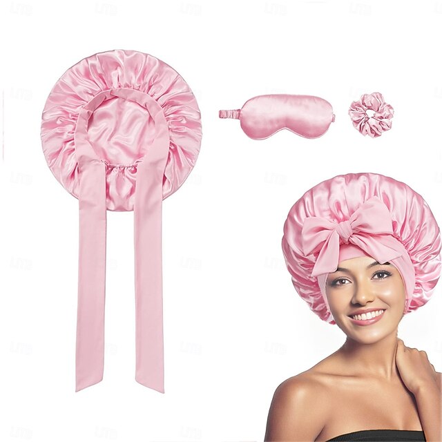  3pcs Eye Mask Hair Band Shower Cap Combo Satin Simulated Silk Elastic Flutter Band Round Cap Shower Cap Bow Shower Cap Anti Fall Sleep Cap Hair Care Cap