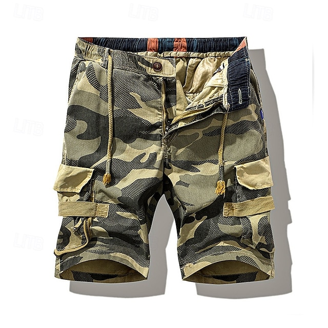  Herren Cargo-Shorts Shorts mit Camouflage-Muster Shorts Sommershorts Kordelzug Elastischer Bund Mehrere Taschen Tarnung Komfort tragbar Knielang Outdoor Sport Täglich Mode Lässig Tarnung Khaki