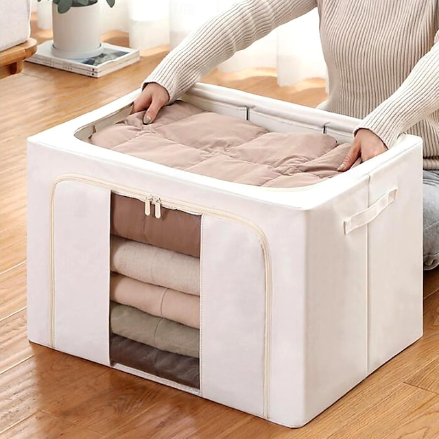  Clothes Storage Bins Stackable Metal Frame Storage Box Foldable Linen Fabric Organizer with Carrying Handles and Clear Window