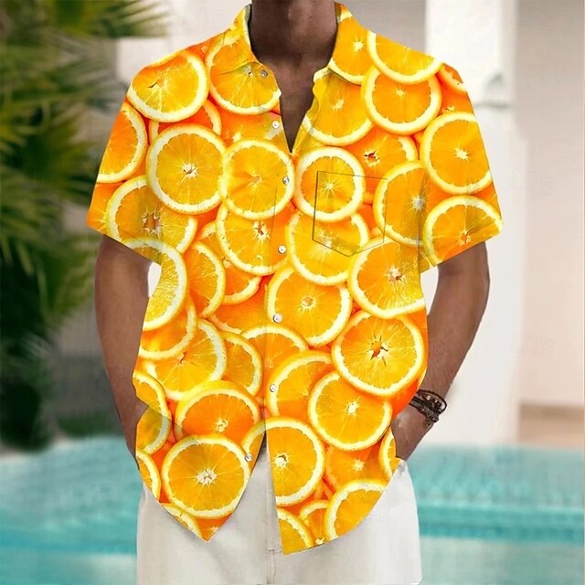 Men's Fruit Optical Illusion Orange Shirt Summer Hawaiian Shirt Button Up Shirt Short Sleeve Hawaiian Vacation Holiday Beach Wear Summer Spring Turndown 3D Print Collared Shirts Front One Pocket4