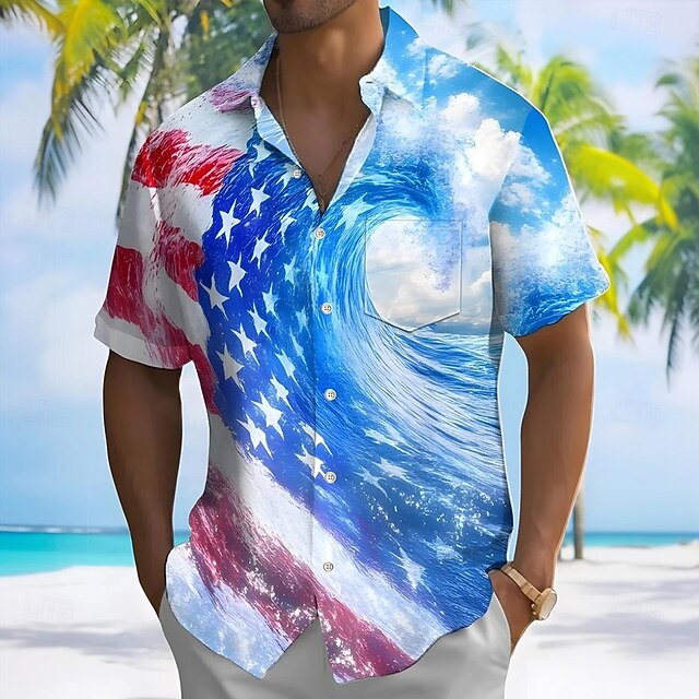 Men's American US Flag Independence Day Patriotic Shirt Casual Shirt Button Up Shirt Short Sleeve Fashion Casual Outdoor Vacation Dailywear Summer Spring Turndown 3D Print Collared Shirts Front One4