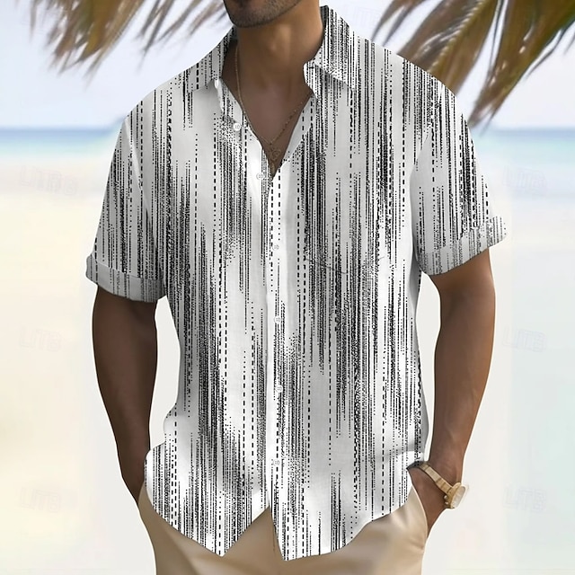 Homme Géométrique Rayé Chemise Chemise d'été Chemise Boutonnée Manche Courte Mode Décontractée Vacances Fête Vêtements de rue Été Col Rabattu Impression 3D Une poche avant Chemise en lin Gris