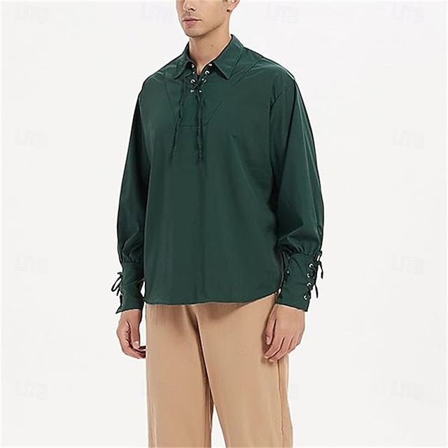  Punk e gótico Medieval Renascentista Blusa / Camisa Traje Cosplay Túnica Guerreiro Cavalheiro Viking Com Cordão Cor Sólida Fantasia Homens Celta Pirata Dia Das Bruxas Baile de Máscaras Espetáculo