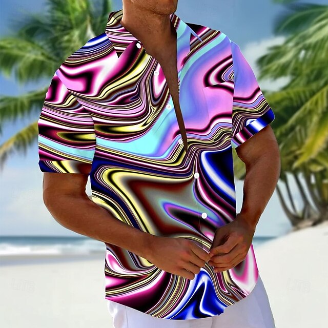 Men's Geometric Abstract Liquid Art Shirt Casual Shirt Button Up Shirt Short Sleeve Fashion Casual Vacation Holiday Streetwear Summer Spring Turndown 3D Print Collared Shirts Front One Pocket Purple4