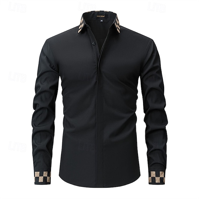  Herren Hemd Kleidhemd Knopfhemd Einfach Hochzeit Täglich Schwarz Weiß Langarm Umlegekragen Frühling & Herbst Bekleidung Patchwork