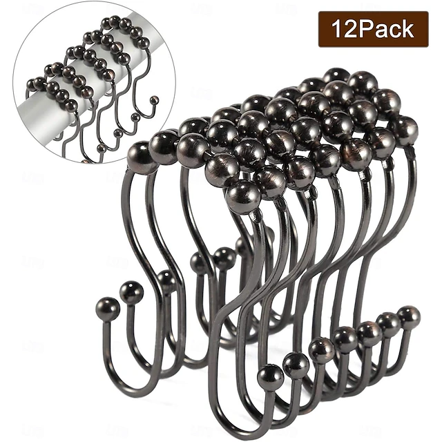 Double Head Shower Curtain Hooks Rings, Stainless Steel Heavy Duty Roller Double Glide Shower Hooks for Bathroom Shower Rod Curtains Liners,Polished Shower Curtain Rings Set of 12 16