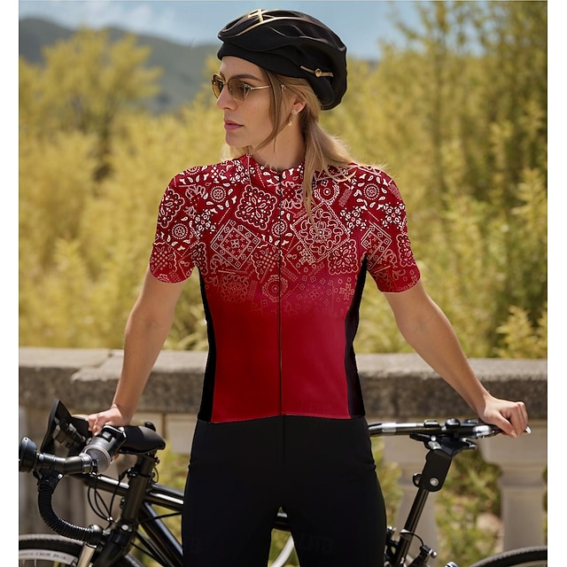  Femmes Maillot de cyclisme Manche Courte Cyclisme Maillot Top avec 3 poches arrière Respirant Séchage Rapide Évacuation de l'Humidité Bandes réfléchissantes Rouge vin Des sports Vêtement Tenue