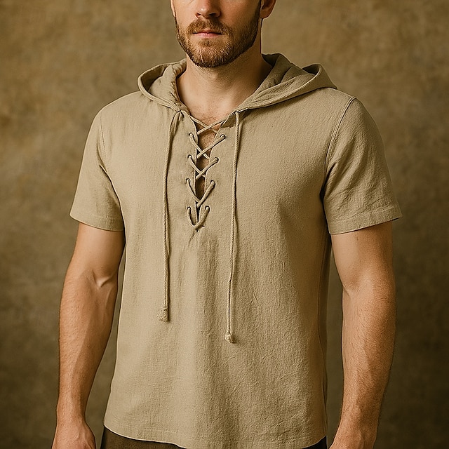  t-shirt vichinga medievale in cotone a maniche corte con cappuccio camicie da uomo in stile retrò con lacci hippie abbinati al costume larp