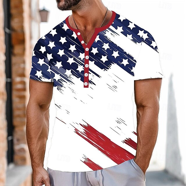 Men's Flag Stars and Stripes T Shirt Henley Shirt Short Sleeve Sports Fashion Designer Outdoor Street Casual Summer White Henley Henley T-Shirt4