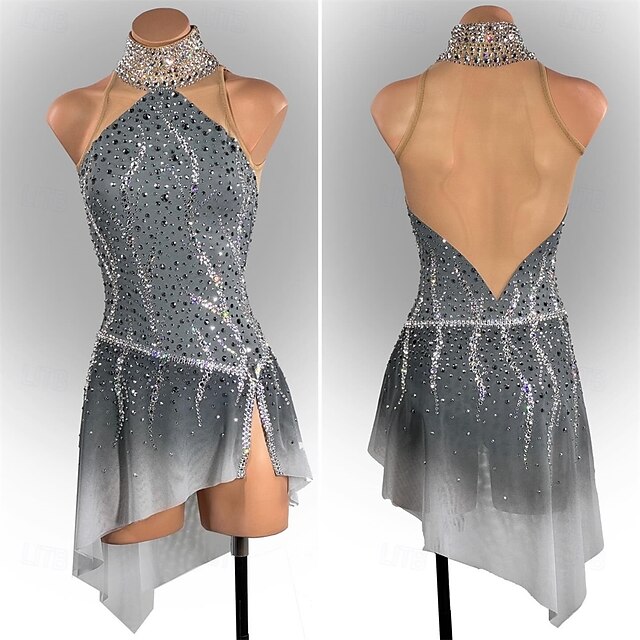 Figure Skating Dress Women's Girls' Ice Skating Dress Grey Patchwork Asymmetric Hem Mesh Spandex High Elasticity Training Competition Skating Wear Classic Crystal / Rhinestone Sleeveless Ice Skating4