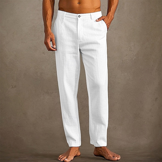  Men's Linen Pants Trousers Summer Pants Beach Pants Pocket Plain Comfort Breathable Vacation Daily Holiday Hawaiian Boho Black White