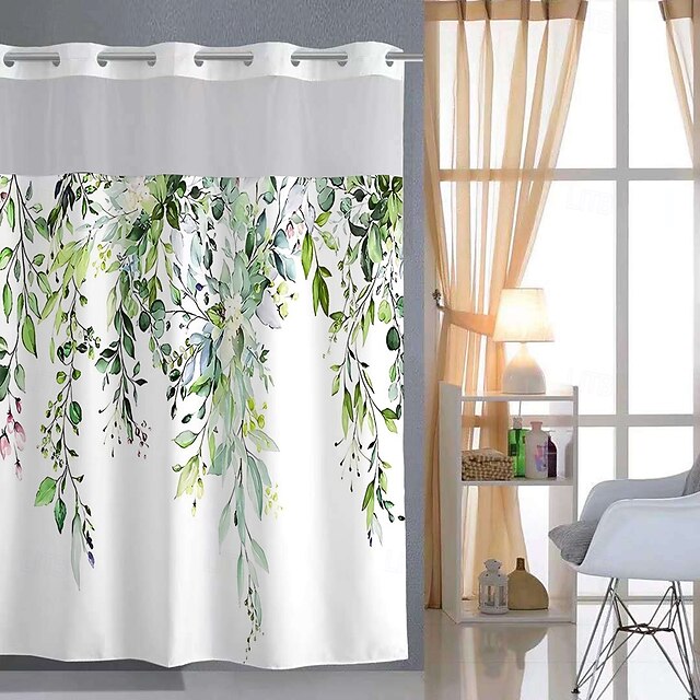No Hook Shower Curtain 180cm*180cm(70"*70")with Snap-in Polyester Fabric Liner Sheer Top Window Waterproof Double Layer Bathtub Curtain Leaves Plant Pattern4