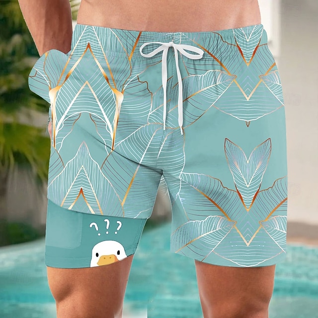  男性用 おかしい あひる シュロの葉 裏地付きショートパンツ 2 in 1 スイムショーツ スイムショーツ ミディアムウエスト ハワイアン バケーション 祝日 ビーチウェア サイドポケット コンプレッションライナー付き 伸縮性のあるドローストリングウエスト デザイナー 衣類