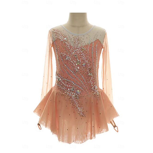 Figure Skating Dress Women's Girls' Ice Skating Dress Orange Patchwork Thumbhole Mesh Spandex Stretchy Training Practice Professional Skating Wear Thermal Warm Crystal / Rhinestone Long Sleeve Ice4