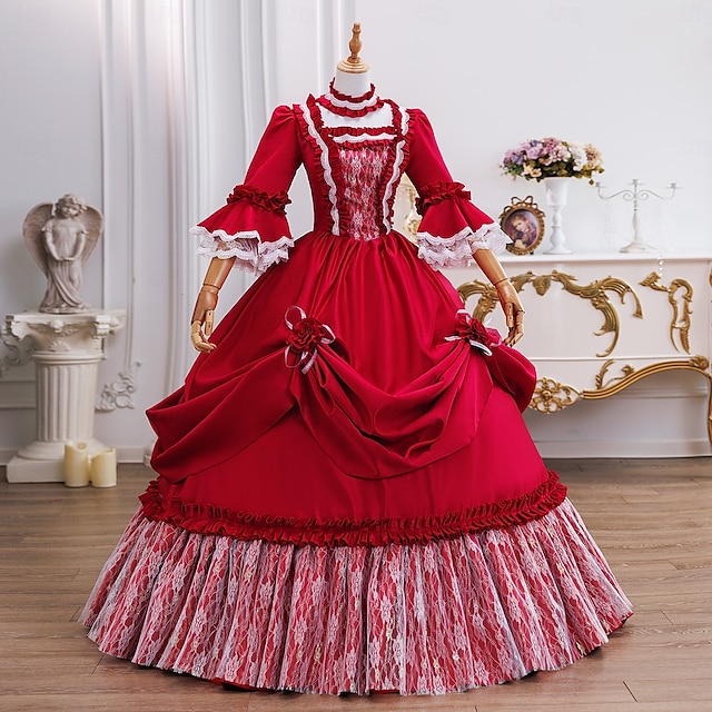  Vintage Rokoko Renässans Maxi Klänningar Vanligt Juliet ärm Prinsessa Brud Plisserad Med volanger Prinsessa Rund hals Dam Halloween Karnival Maskerad Prestanda Fest Halloween Vuxen Alla årstider