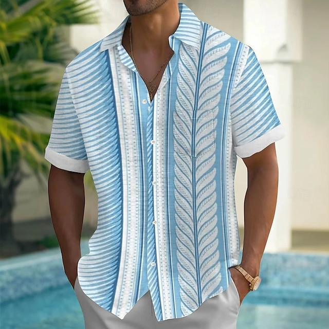  Men's Striped Tropical Leaf Shirt Summer Hawaiian Shirt Button Up Shirt Short Sleeve Hawaiian Vacation Dailywear Holiday Summer Spring Turndown 3D Print Collared Shirts Front One Pocket Blue