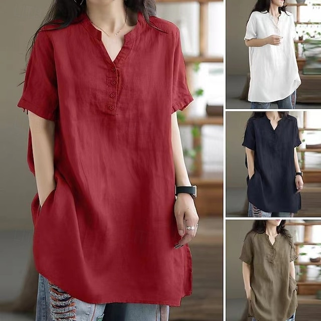  Per donna Camicie di cotone e lino Semplice Quotidiano Elegante Essenziale Manica Corta Scollo a V Top Regolari Lavoro Quotidiano Ferie Tasca Nero Vino Cachi Estate Primavera
