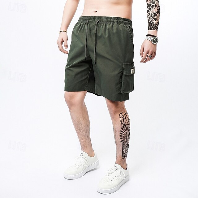  Homens Bermuda Cargo Calção Shorts de verão Com Cordão Cintura elástica Bolso multi Número Conforto Vestível Comprimento do joelho Ao ar livre Esporte Diário Moda Casual Preto Cáqui