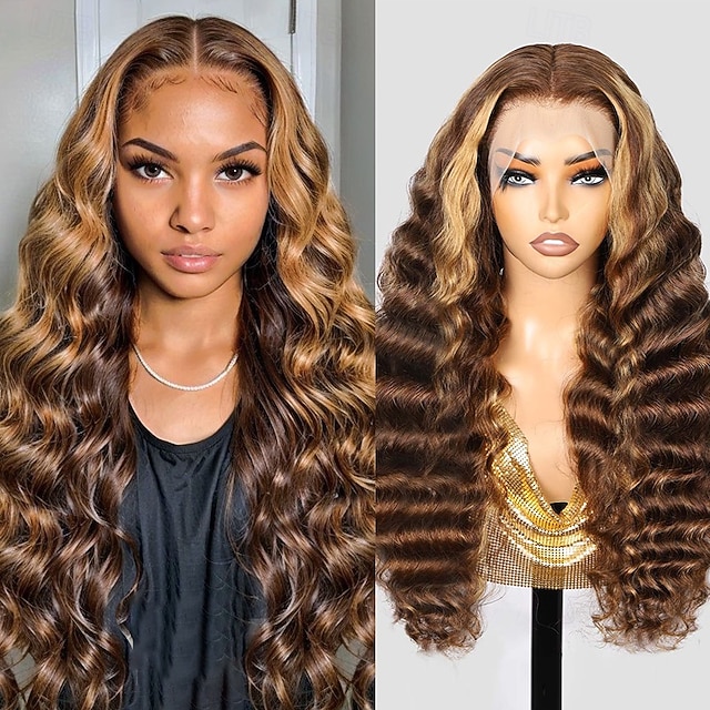  p4/27 ombre marrone 13x4 pizzo frontale parrucche di capelli umani evidenziano onde profonde sciolte 150% densità per donne nere